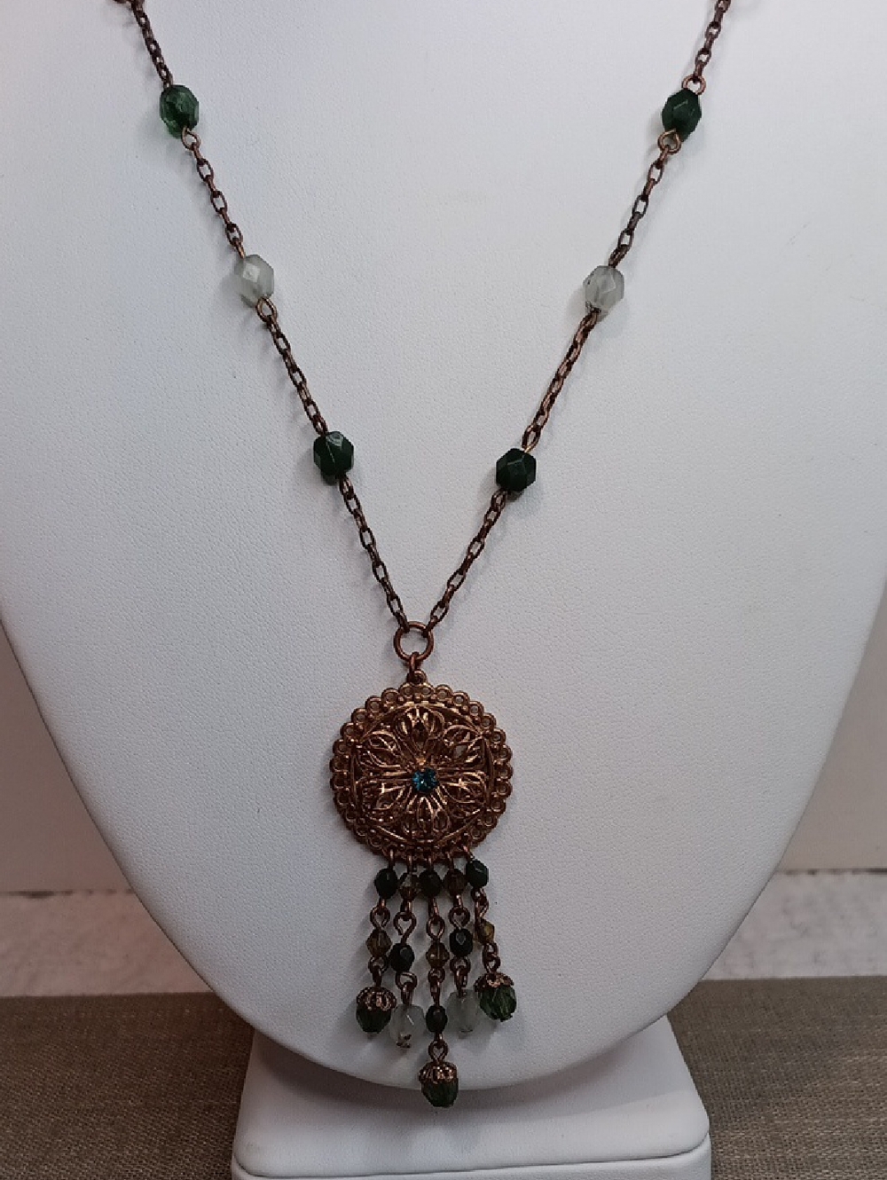 Baked Beads Vintage Inspired Copper Pendant Necklace with Green Beads 32" Long